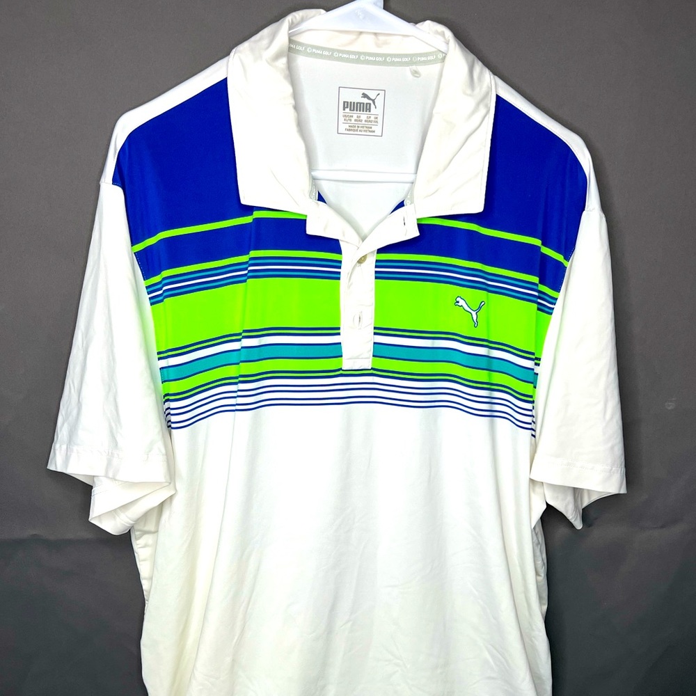 Puma Golf Men’s Polo Shirt XL Dry Cell White Blue / Green Stripes